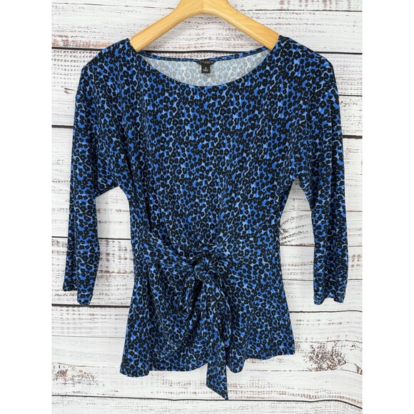 Ann Taylor Black Royal Blue Cheetah Leopard Animal Print Top Blouse‎ M Wrap - Picture 1 of 3